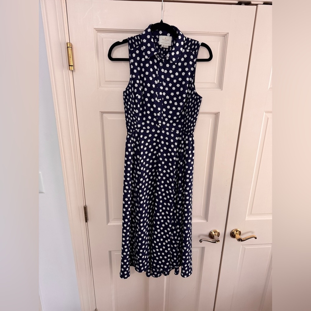 Sleeveless Navy Blue Polka Dot (Mini Cloud) Midi Dress